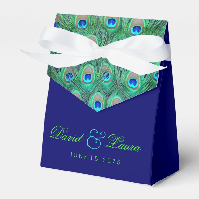 Elegant Royal Blue and Green Peacock Wedding Favor Boxes (Front Side)