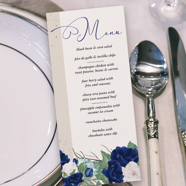 Elegant Royal Blue and Ivory Roses Floral Menu (Menu with royal blue and ivory roses and elegant calligraphy)