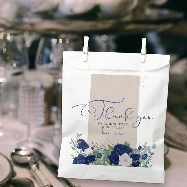 Elegant Royal Blue and Ivory Roses Thank You Favor Bag (Thank you for coming favor bags with sweet calligraphy and border of royal navy blue and ivory roses)