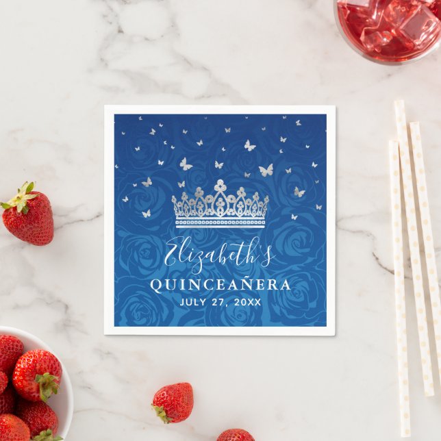 Elegant Royal Blue and Silver Crown Quinceanera Napkins (Insitu)