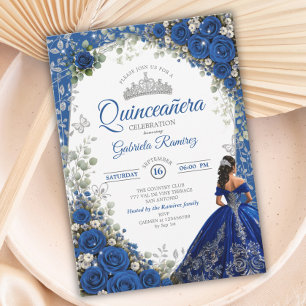 Elegant Royal Blue and Silver Roses Quinceañera  Invitation
