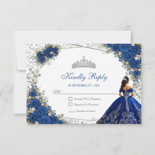 Elegant Royal Blue and Silver Roses Quinceañera RSVP Card