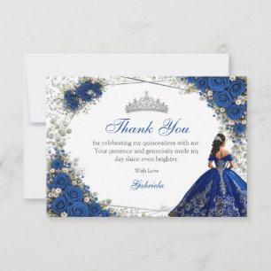 Elegant Royal Blue and Silver Roses Quinceañera Thank You Card