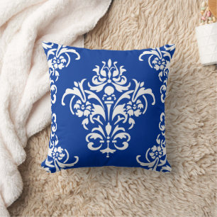 Elegant Royal Blue and White Damask Throw Pillow