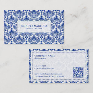 Elegant Royal Blue And White Damasks Pattern Business Card