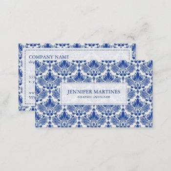 Elegant Royal Blue And White Damasks Pattern Business Card by artOnWear at Zazzle