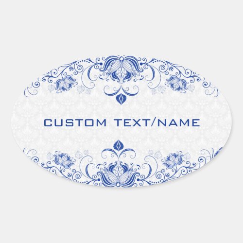 Elegant Royal Blue And White Damasks  Swirls Oval Sticker