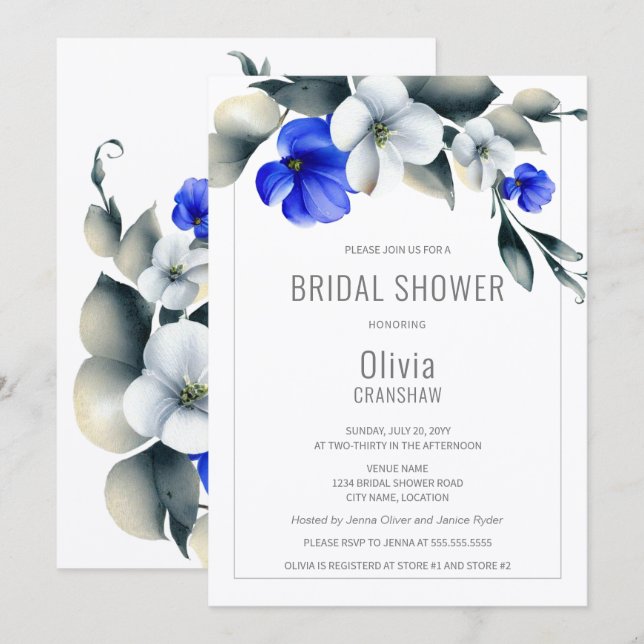 Elegant Royal Blue and White Floral Bridal Shower Invitation (Front/Back)