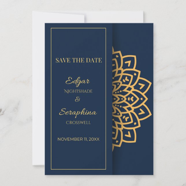 Elegant Royal Blue and White Mandala Save The Date (Front)