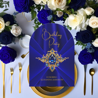 Elegant Royal Blue Birthday Gold Jewel Faux Silk Invitation