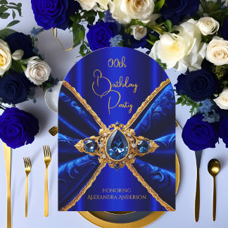 Elegant Royal Blue Birthday Gold Jewel Faux Velvet Invitation