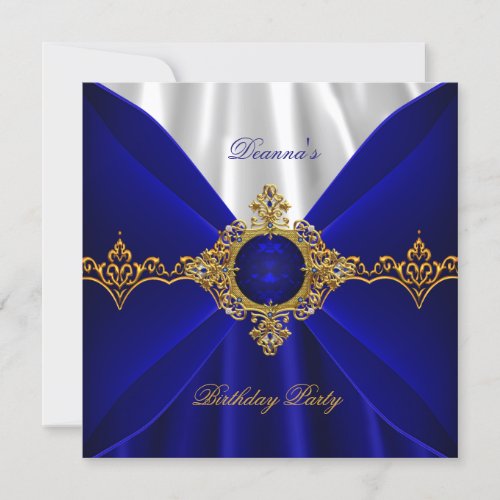 Elegant Royal Blue Birthday Gold Jewel White Silk Invitation