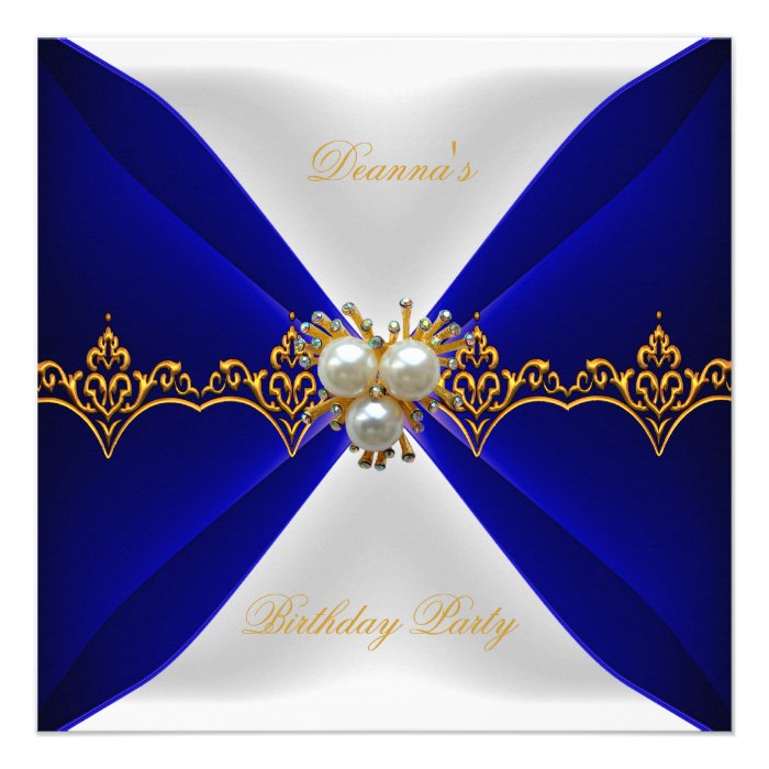 Elegant Royal Blue Birthday Gold Jewel White Silk Personalized Announcements