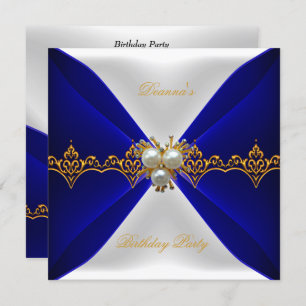 Elegant Royal Blue Birthday Gold Jewel White Silk Invitation
