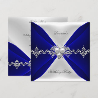 Elegant Royal Blue Birthday Jewel White Silk Invitation