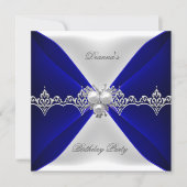 Elegant Royal Blue Birthday Jewel White Silk Invitation (Front)