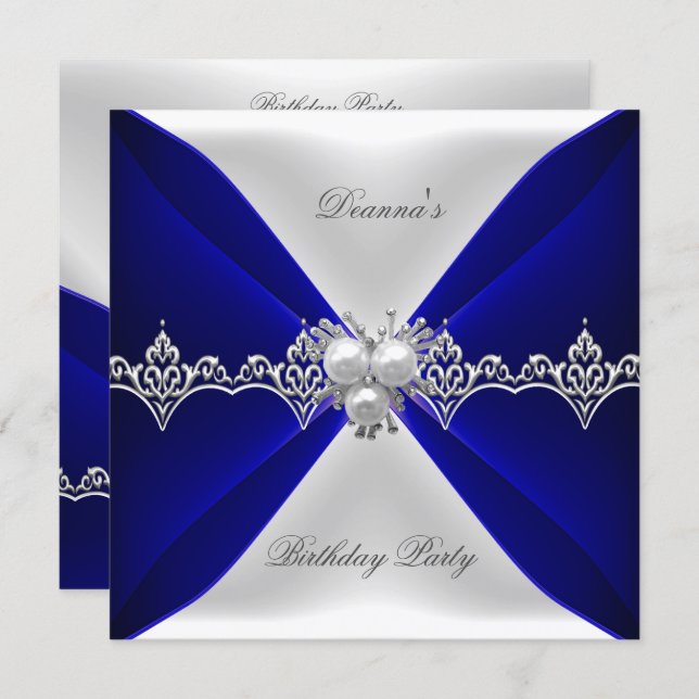 Elegant Royal Blue Birthday Jewel White Silk Invitation (Front/Back)