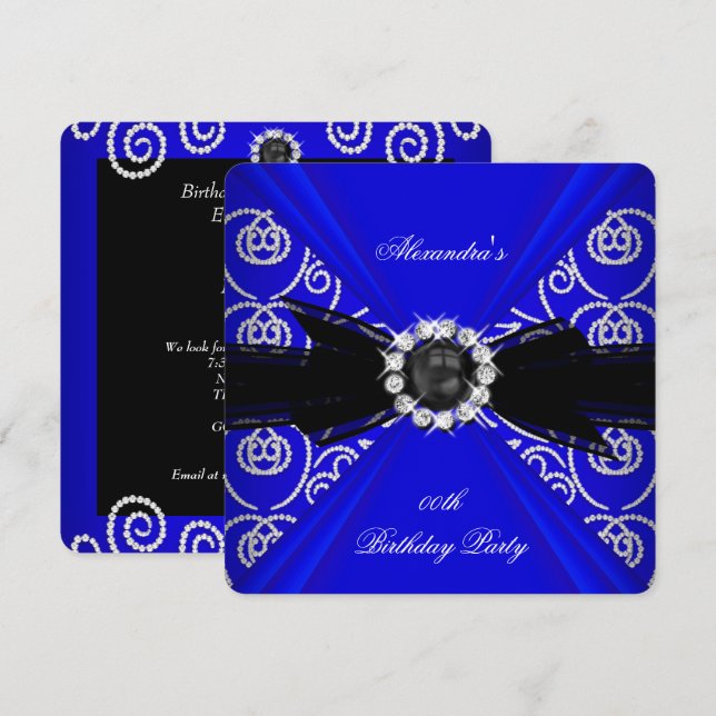 Elegant Royal Blue Black Pearl Bow Birthday Party Invitation (Front/Back)