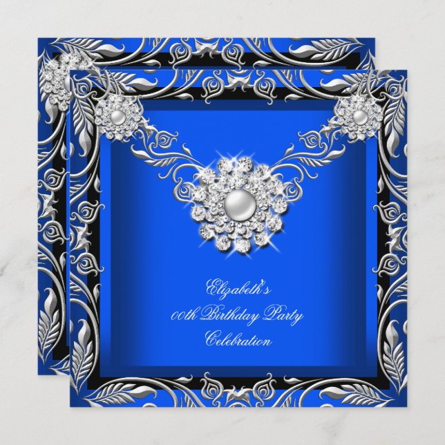 Elegant Royal Blue Black Silver Birthday Party Invitation (Front/Back)
