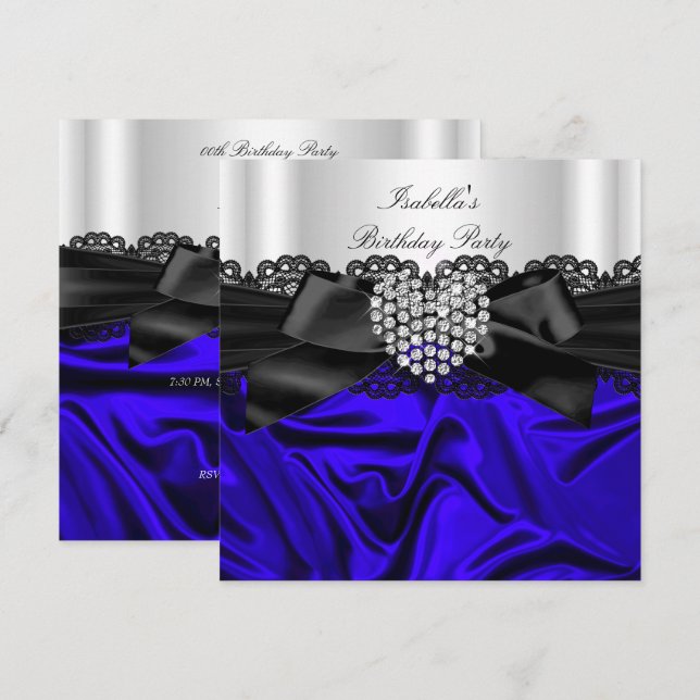 Elegant Royal Blue Black White Diamond Birthday Invitation (Front/Back)