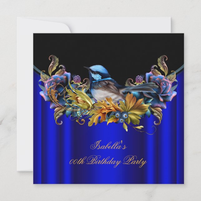 Elegant Royal Blue Bluebird Gold Birthday Party Invitation (Front)