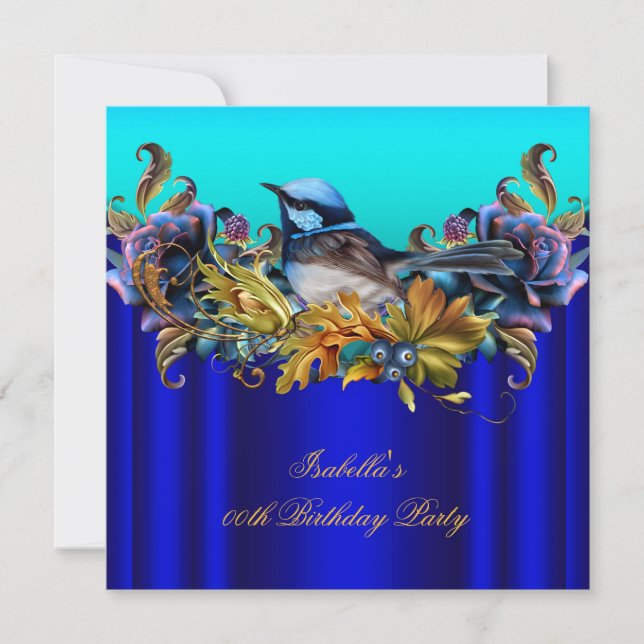 Elegant Royal Blue Bluebird Teal Gold Birthday Invitation (Front)