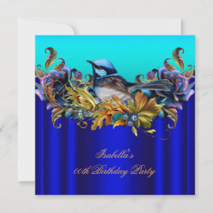 Elegant Royal Blue Bluebird Teal Gold Birthday Invitation
