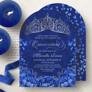 Elegant Royal Blue Butterflies Crown Quinceanera Invitation