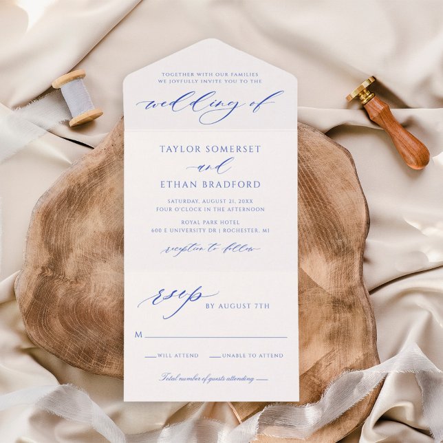 Elegant Royal Blue Calligraphy Script Wedding All In One Invitation (Creator Uploaded)
