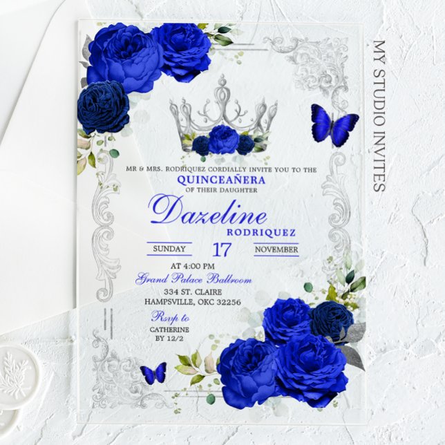 Elegant Royal Blue Crown Quinceanera Acrylic Invitations (Creator Uploaded)
