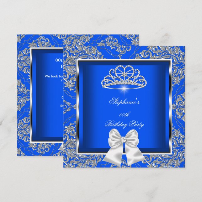 Elegant Royal Blue Damask Silver Birthday Party Invitation (Front/Back)