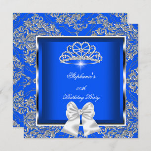 Elegant Royal Blue Damask Silver Birthday Party Invitation