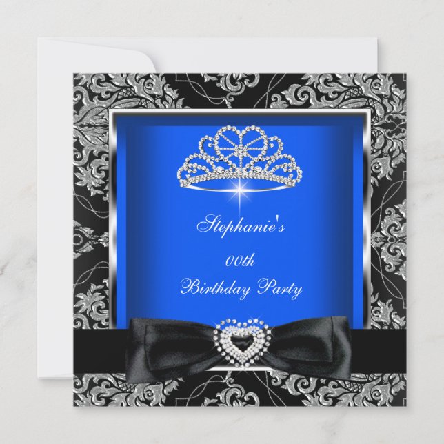 Elegant Royal Blue Damask Silver Black Party Invitation (Front)