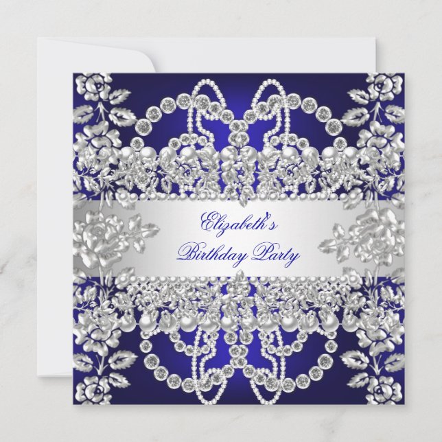 Elegant Royal Blue Diamonds Silver Birthday Party Invitation (Front)
