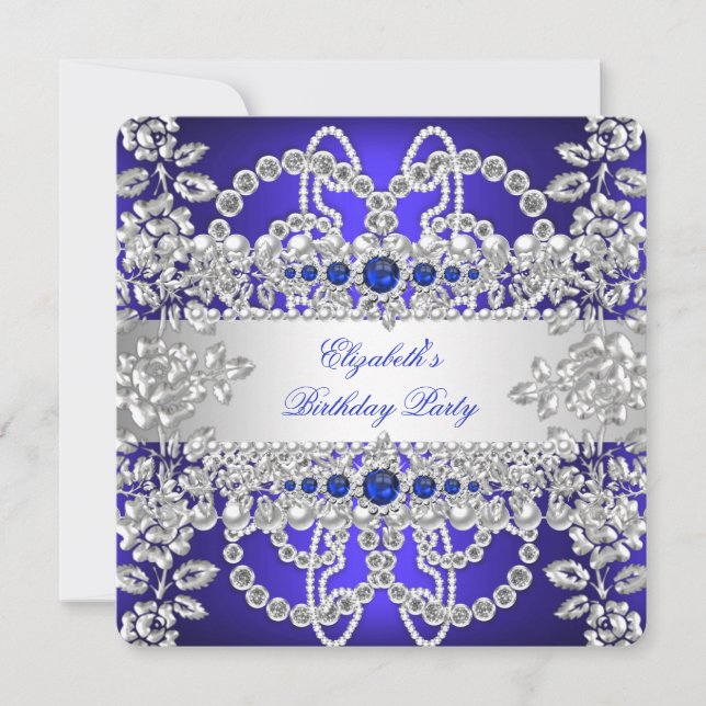 Elegant Royal Blue Diamonds Silver Floral Birthday Invitation (Front)