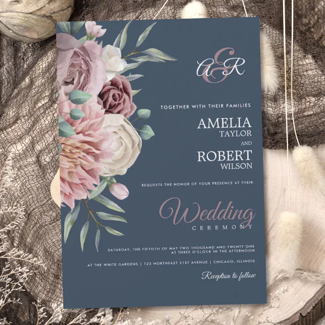 Elegant Royal blue Dusty Rose Floral Invitation | Zazzle