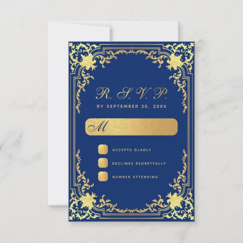 Elegant Royal Blue Faux Gold Foil Vintage Wedding RSVP Card