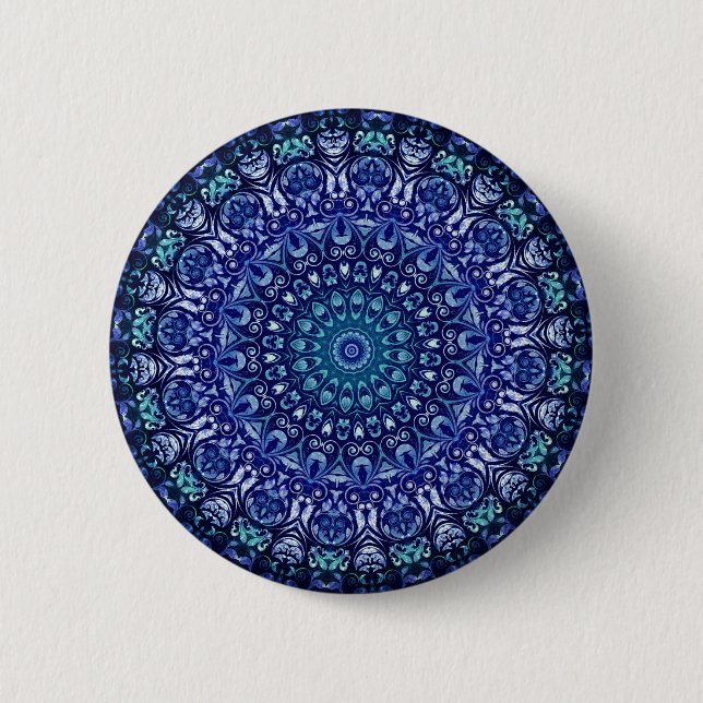 Elegant Royal Blue Floral Damask Pattern  Button (Front)