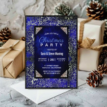 Elegant royal blue floral faux silver Christmas  Invitation