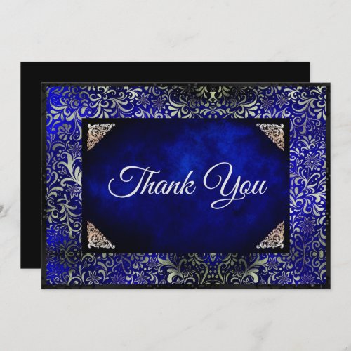 Elegant royal blue floral faux silver  thank you card