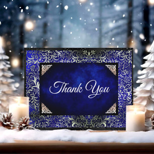 Elegant royal blue floral faux silver thank you card