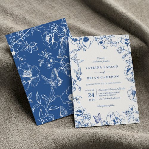 Elegant Royal Blue Floral Garden Wedding Invitation