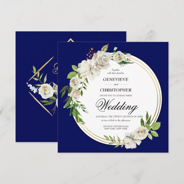 Elegant Royal Blue Floral Gold Wedding Square Invitation (Front/Back)