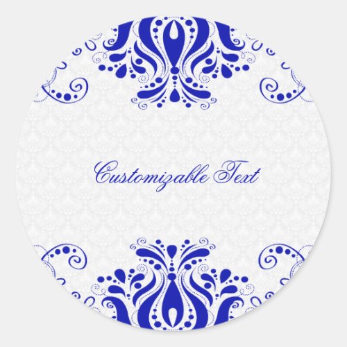 Elegant Royal Blue Floral Lace 2  White Damasks Classic Round Sticker