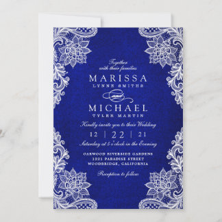 Elegant Royal Blue Floral Lace Wedding Invitation