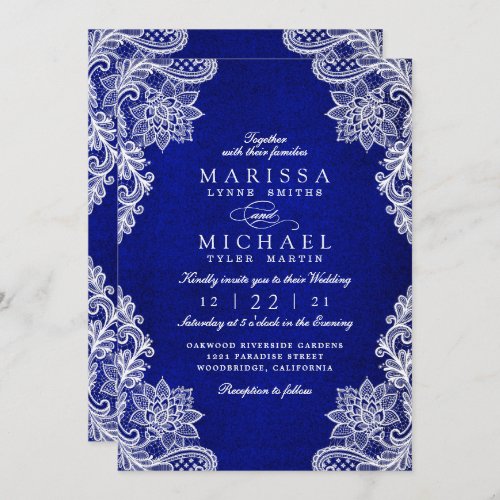 Elegant Royal Blue Floral Lace Wedding Invitation