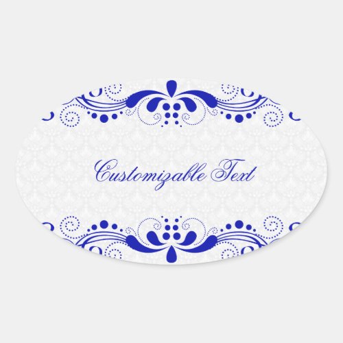 Elegant Royal Blue Floral Lave  White Damasks Oval Sticker