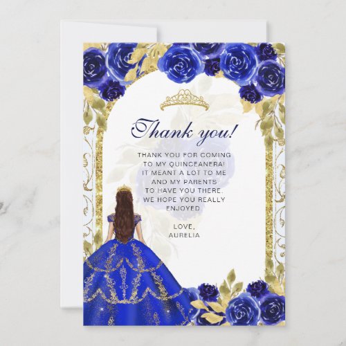 Elegant Royal Blue Floral Photo Quinceaera Thank You Card