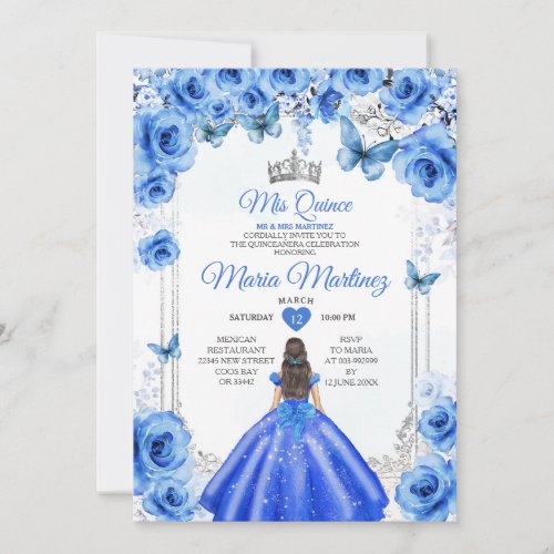 Elegant Royal Blue Floral Princess Mis Quince Invitation