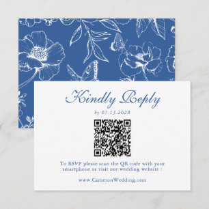 Elegant Royal Blue Floral QR Code Wedding RSVP Card